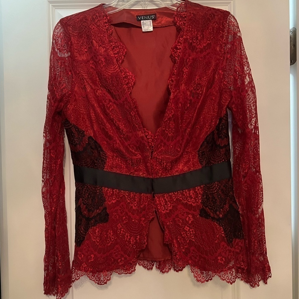 VENUS Red Lace Sheer Sleeve Holiday Blazer Jacket - Picture 4 of 7